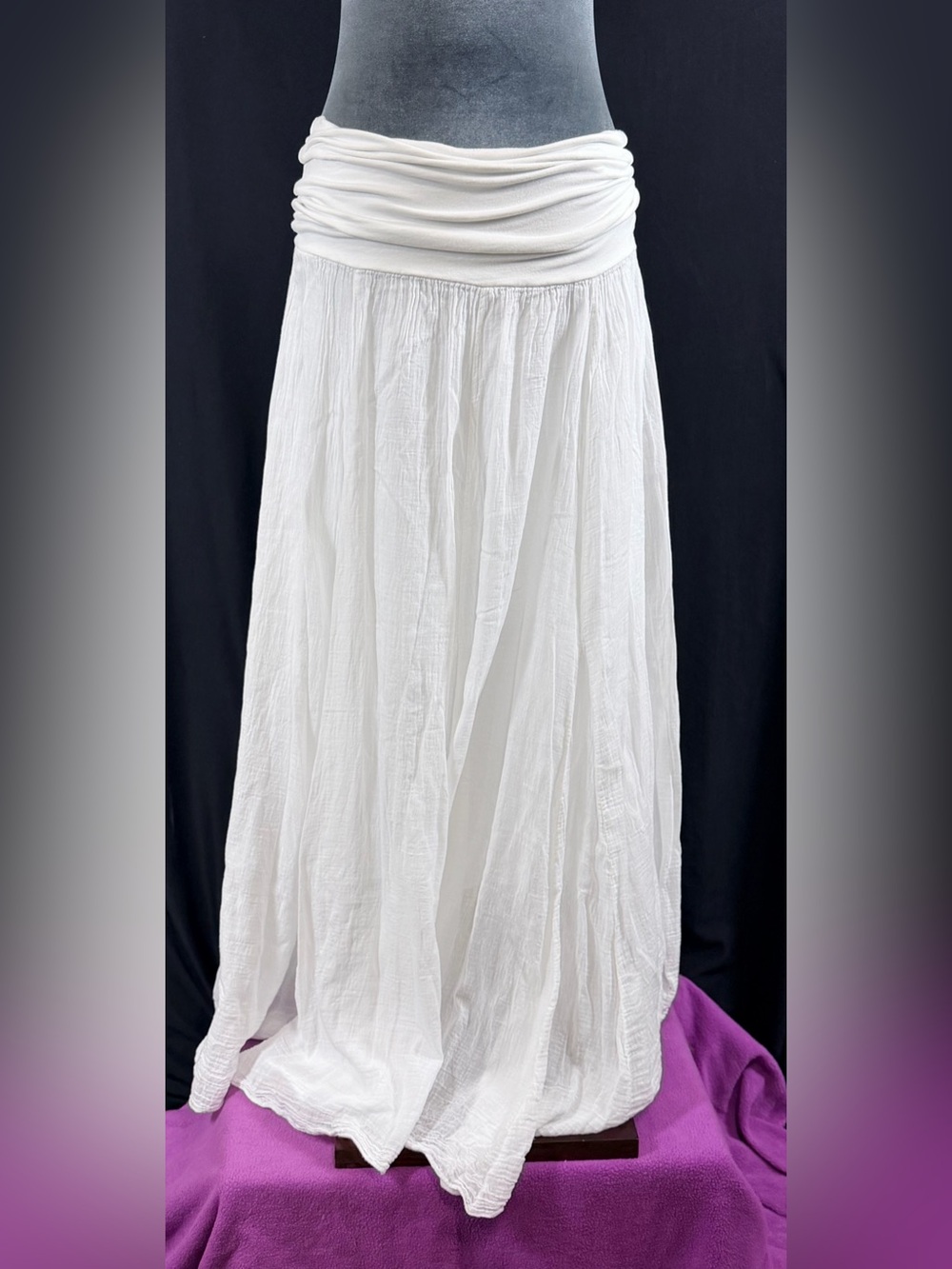 White Angela Mara Maxi Skirt with Fold-Over Waistband flowy Long full lightweigh